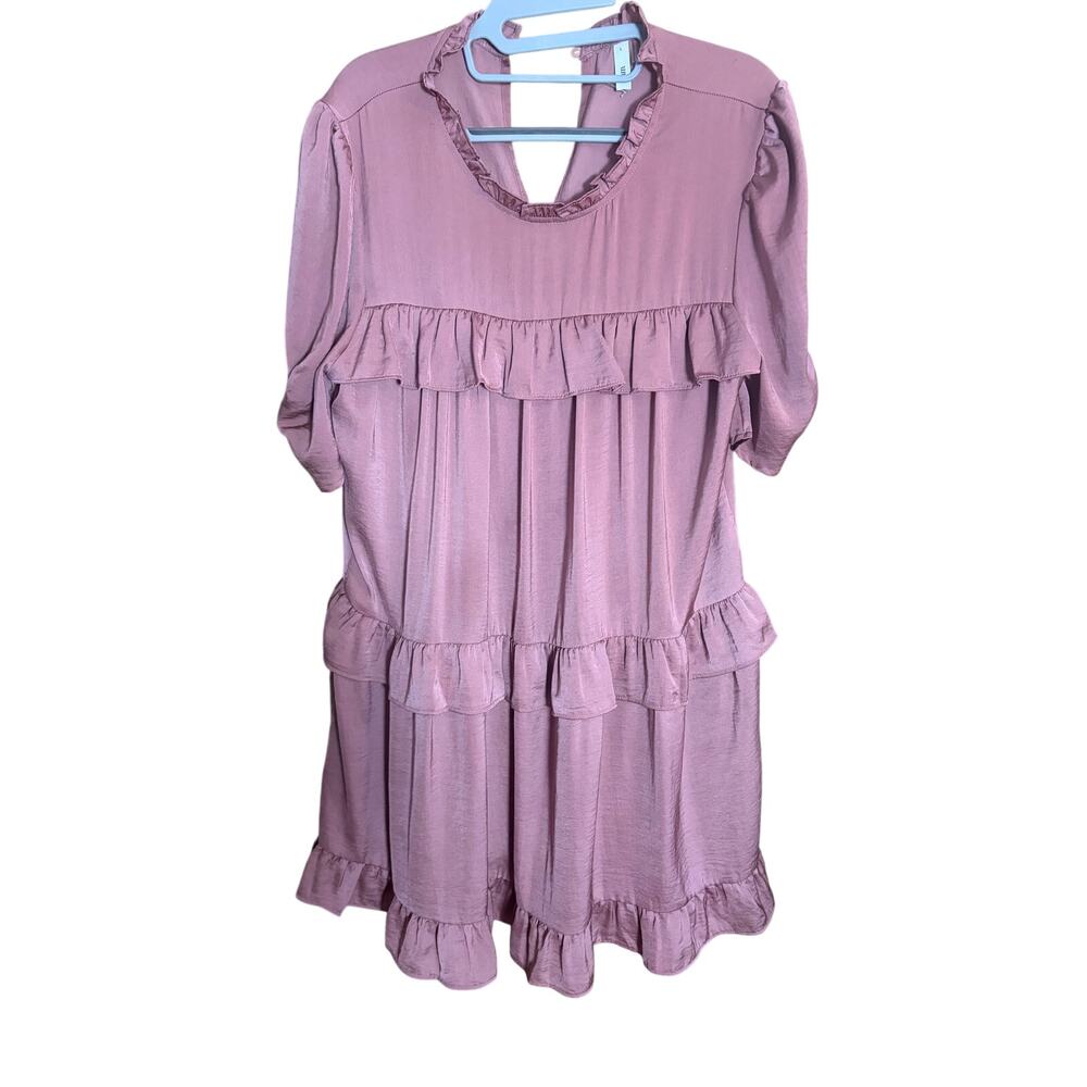 Glam Women's Large Mauve Pink Ruffle Tiered Mini Dress Boho flowy puffed sleeves